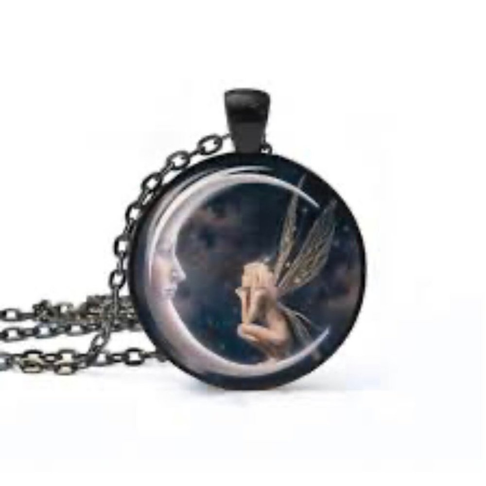 Charm necklace for women, Pendant in the shape of a moon and angel